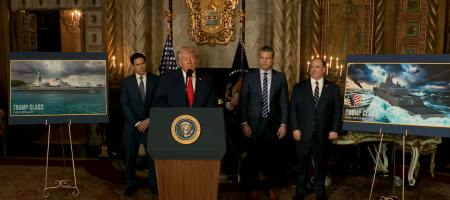 President Donald Trump unveils renderings of new battleships the United States Navy is slated to begin building alongside other members of his administration at a Dec. 22, 2025 press conference.