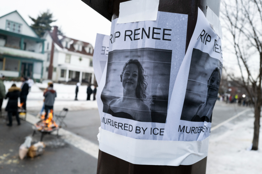 A portrait of Renee Nicole Good is pasted to a light pole near the site of her shooting on Jan. 8, 2026, in Minneapolis, Minnesota. According to federal officials, an ICE agent shot and killed Good during a confrontation in south Minneapolis.