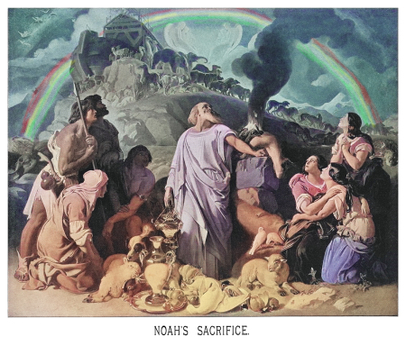 Old engraved illustration of Noah's sacrifice after the Flood.