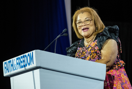 Alveda King speaks on the last day of the annual "Road To Majority Policy Conference" held by the Faith & Freedom Coalition at the Gaylord Opryland Resort & Convention Center on June 18, 2022, in Nashville, Tennessee.