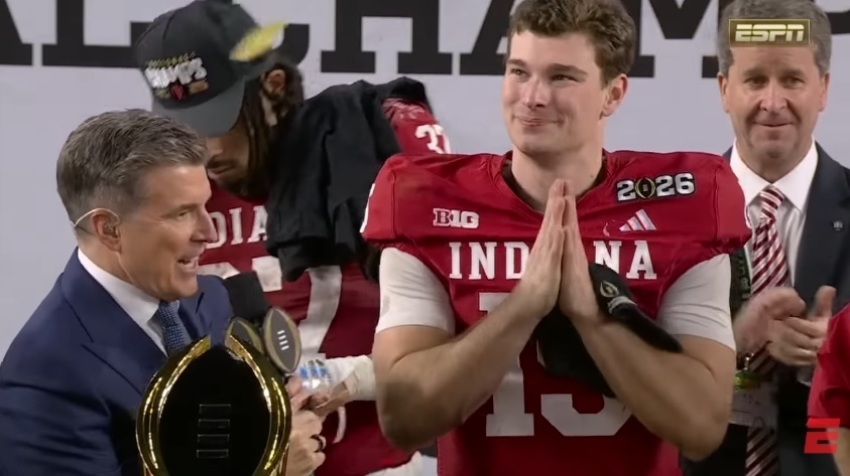 Indiana Universtiy quarterback Fernando Mendoza speaks after winning the NCAA FBC National Championship on Jan. 19, 2026.