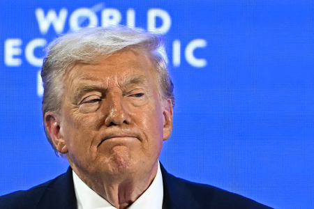U.S. President Donald Trump looks on during the World Economic Forum (WEF) annual meeting in Davos on Jan. 21, 2026. The World Economic Forum takes place in Davos from January 19 to Jan. 23, 2026. 