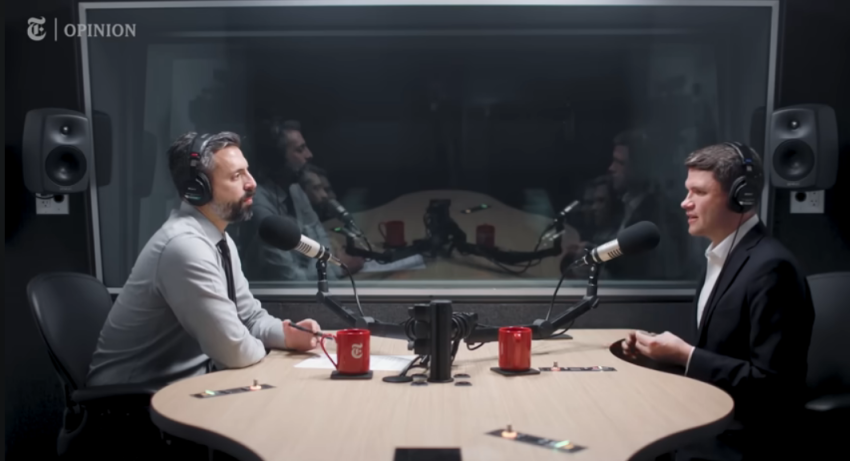 Times columnist Ezra Klein (left) interviews Texas state Rep. James Talarico, D-Austin, on a Jan. 13, 2026, podcast.