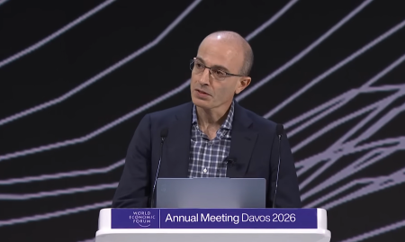 Yuval Noah Harari, bestselling author, historian, and professor at Hebrew University of Jerusalem, presents on "An Honest Conversation on AI and Humanity" at the World Economic Forum in Davos, Switzerland, on January 20, 2026.