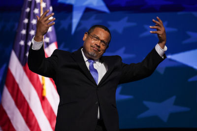 Minnesota Attorney General Keith Ellison arrives to speak on stage during the third day of the Democratic National Convention at the United Center on August 21, 2024 in Chicago, Illinois. Delegates, politicians, and Democratic Party supporters are in Chicago for the convention, concluding with current Vice President Kamala Harris accepting her party's presidential nomination. The DNC takes place from August 19-22.