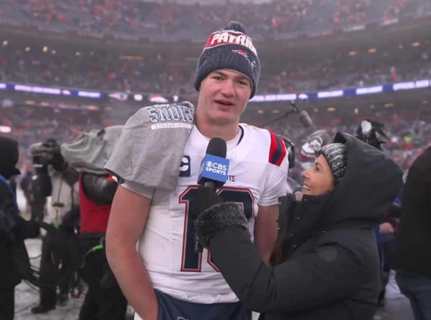 New England Patriots quarterback Drake Maye speaks during a post-game interview after the AFC Championship game in Denver, Colorado, on Jan. 25, 2026.