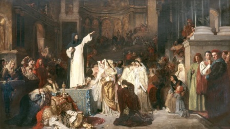 Girolamo Savonarola (1452-1498), an Italian preacher, Catholic Church reformer, political activist, and mystic, depicted in a 19th-century painting, preaching against extravagant spending.