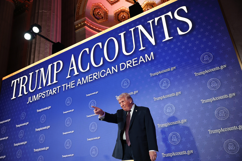 U.S. President Donald Trump arrives on stage before delivering remarks during the Treasury Department's Trump Accounts Summit at Andrew W. Mellon Auditorium on Jan. 28, 2026, in Washington, D.C.