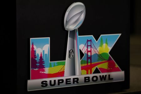 A detailed view of the Super Bowl LX logo during Opening Night at San Jose McEnery Convention Center on February 02, 2026, in San Jose, California.