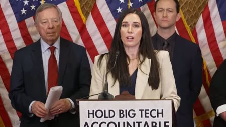 The National Center on Sexual Exploitation's Chief Legal Officer Dani Pinter speaks on Capitol Hill in Washington on Feb. 4, 2026, about how Section 230 of the Communications Decency Act has prevented victims from getting justice. 