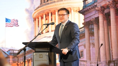 House Speaker Mike Johnson, R-La., addresses the Family Research Council's 2026 National Gathering for Prayer and Repentance at the Museum of the Bible in Washington, D.C., on Feb. 4, 2026.