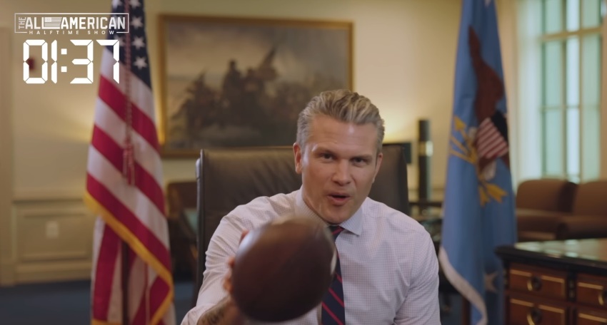 Secretary of Defense Pete Hegseth speaks during a video played during the Turning Point USA "All-American Halftime Show” on Feb. 8, 2026.