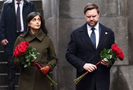 U.S. Vice President JD Vance and wife Usha Vance hold flowers as they walk to the Eternal Flame during a visit to the Tsitsernakaberd Armenian Genocide Memorial on Feb. 10, 2026, in Yerevan, Armenia. On the first visit to Armenia by a sitting U.S. vice president, Vance is meeting Armenian Prime Minister Nikol Pashinyan, who signed a deal to reopen key transportation routes with Azerbaijan.