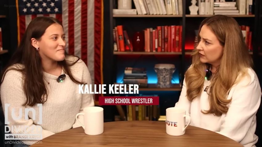 Kallie Keeler (L) talks with unDivided podcast host Brandi Kruse (R) during an interview on Feb. 9, 2026, about her wrestling match against a trans-identifying athlete. 