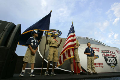 The Boy Scouts Pee Dee Area Council presents the colors before the start of the NASCAR Camping World Truck Series Too Tough To Tame 200 race at Darlington Raceway August 14, 2010 in Darlington, South Carolina.