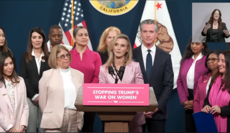 A screenshot of California Gov. Gavin Newsom and First Partner Jennifer Siebel Newsom during a Feb. 11, 2026 media briefing in Sacramento, Calif.