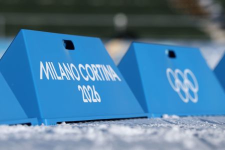 Signage at the Anterselva Biathlon Arena ahead of the Milano Cortina 2026 Winter Olympics on Feb. 01, 2026, in Various Cities, Italy.