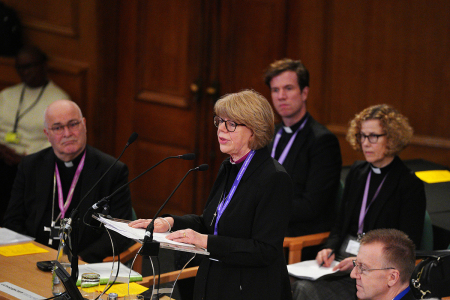Archbishop Sarah Mullally addresses the Church of England General Synod at The Church House in London, England.