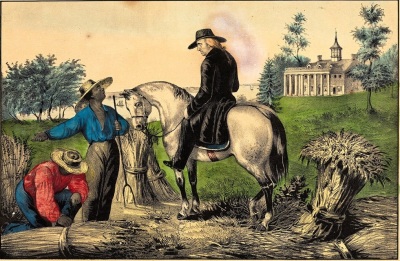 An 1852 depiction of George Washington at his Mount Vernon plantation in Virginia.