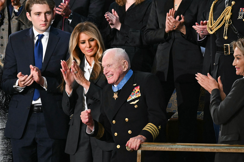 US veteran Captain E. Royce Williams reacts after receiving the Medal of Honor during U.S. President Donald Trump's State of the Union address in the House Chamber of the Capitol in Washington, D.C., on Feb. 24, 2026.
