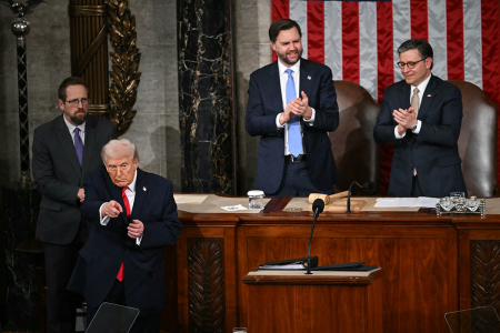 U.S. President Donald Trump gestures as he concludes his remarks during the State of the Union address in the House Chamber of the Capitol in Washington, D.C., on Feb. 24, 2026. 