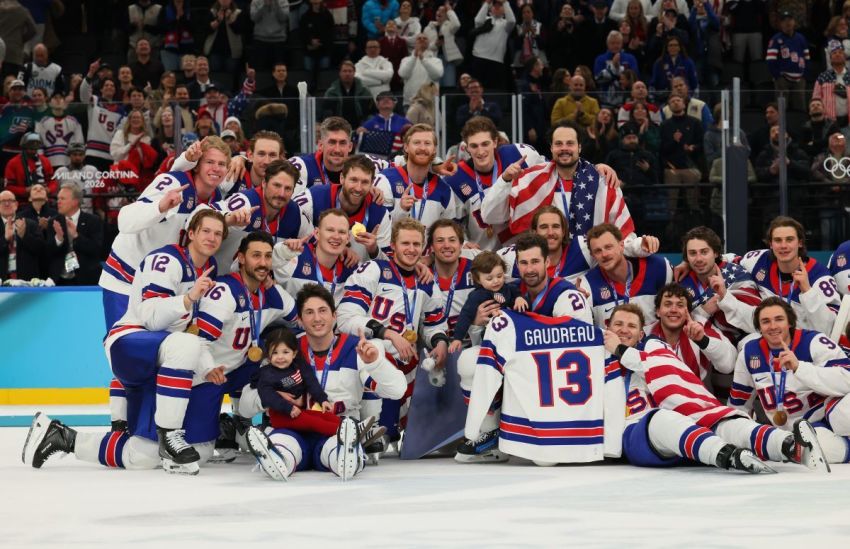 Gold medalists, Team United States, pose for a team photo during the medal ceremony following the Men's Gold Medal match between Canada and the United States on day 16 of the Milano Cortina 2026 Winter Olympic games at Milano Santagiulia Ice Hockey Arena on February 22, 2026 in Milan, Italy. 