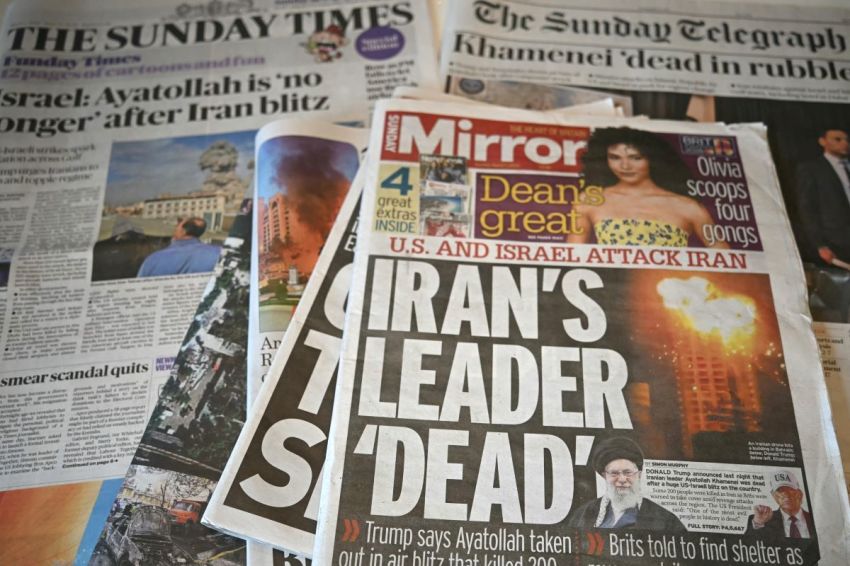 The front pages of some of Britain's national newspapers are pictured in a spread created in Liverpool, north-west England on March 1, 2026, following the US and Israel's strikes on Iran. Iranian top officials vowed Sunday to avenge their slain supreme leader Ayatollah Ali Khamenei and declared a new wave of strikes on US bases in the Gulf, defying US President Donald Trump's threat of an unprecedented escalation in force.