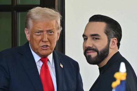 US President Donald Trump welcomes El Salvador's President Nayib Bukele upon arrival at the White House in Washington, D.C., April 14, 2025. 