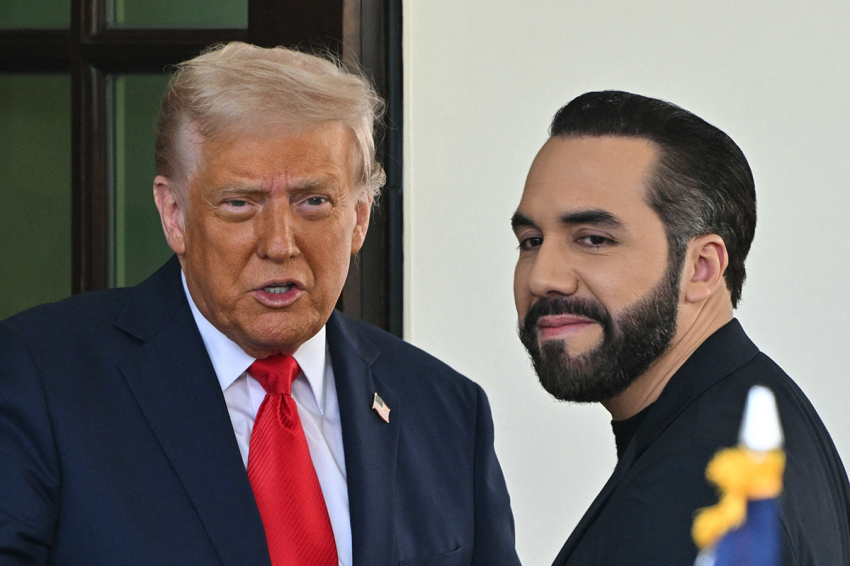 US President Donald Trump welcomes El Salvador's President Nayib Bukele upon arrival at the White House in Washington, D.C., April 14, 2025.