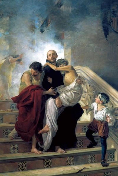 A 19th century painting of St. John of God (1495-1550), shown rescuing patients from a hospital that caught fire.