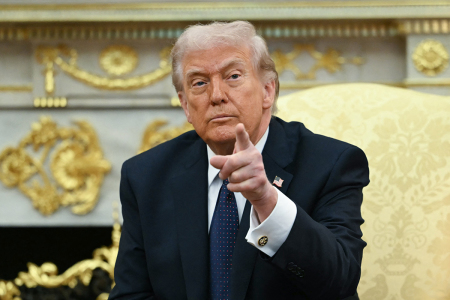 U.S. President Donald Trump speaks during a meeting with German Chancellor Friedrich Merz in the Oval Office of the White House in Washington, D.C., on March 3, 2026. Chancellor Merz is the first European leader to visit President Trump since the United States and Israel launched their war against Iran.