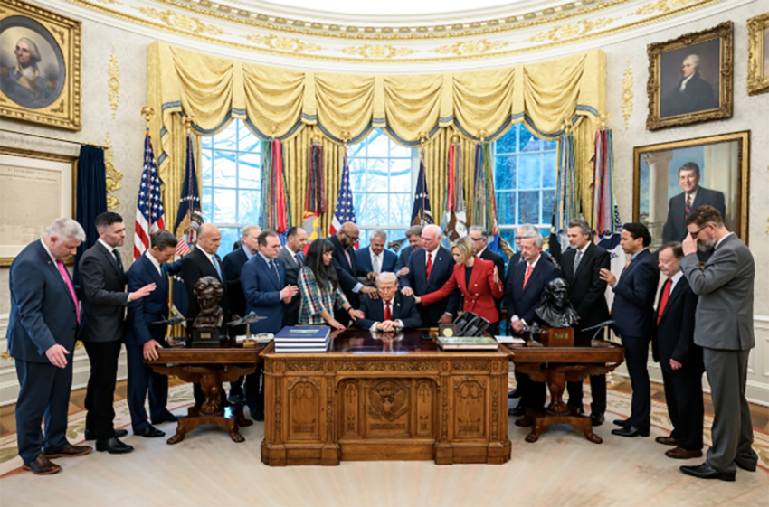 The Rev. Samuel Rodriguez, president of the National Hispanic Christian Leadership Conference, joined a group of prominent faith leaders in the Oval Office in Washington, D.C., on March 5, 2026, to pray with and for the President of the United States during a moment of significant global responsibility and national leadership.