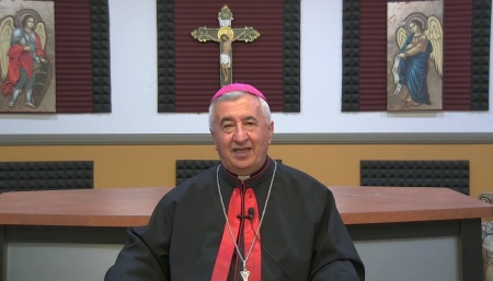 Bishop Emanuel Shaleta of the Eparchy of Saint Peter the Apostle of San Diego, California, giving an Easter message in 2021.