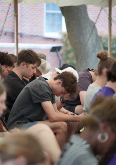 Students gather for a three-night tent revival event in March 2026 at the University of Mary Hardin-Baylor of Belton, Texas.