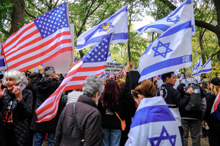 Demonstrators march during a "Bring Them Home" rally for Israeli hostages in New York City on Oct. 12, 2025.
