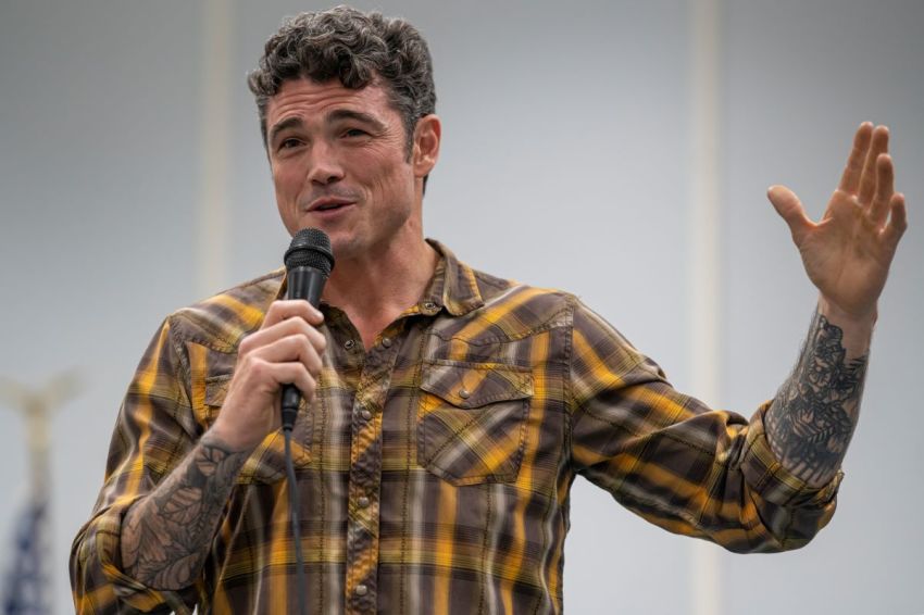 Republican congressional candidate Joe Kent speaks at a campaign event on October 5, 2022 in Morton, Washington.