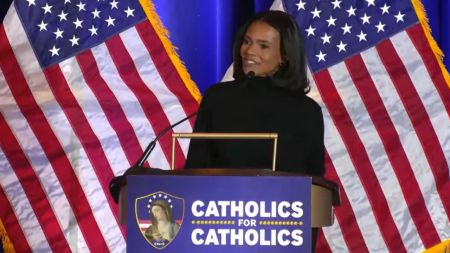 Candace Owens speaks at Catholics for Catholics' third annual Catholic Prayer For America Gala in Washington, D.C., on March 19, 2026.