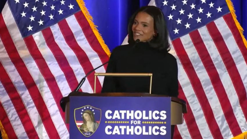 Candace Owens speaks at Catholics for Catholics' third annual Catholic Prayer For America Gala in Washington, D.C., on March 19, 2026.