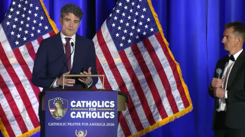 Former National Counterterrorism Center Director Joe Kent (L) speaks at Catholics for Catholics' third annual Catholic Prayer For America Gala in Washington, D.C., on March 19, 2026.
