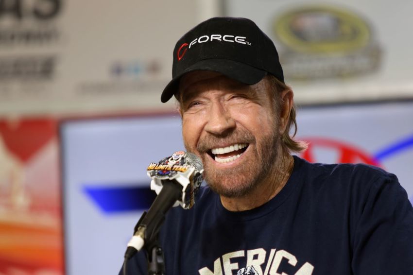 Actor Chuck Norris speaks with the media during a press conference prior to the NASCAR Sprint Cup Series AAA Texas 500 at Texas Motor Speedway on Nov. 6, 2016, in Fort Worth, Texas.