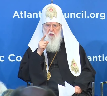 Patriarch Filaret, a figure who helped champion the creation of The Orthodox Church of Ukraine, which is independent of Russian control, speaking at an Atlantic Council event in Washington, D.C. in Septemeber 2018.