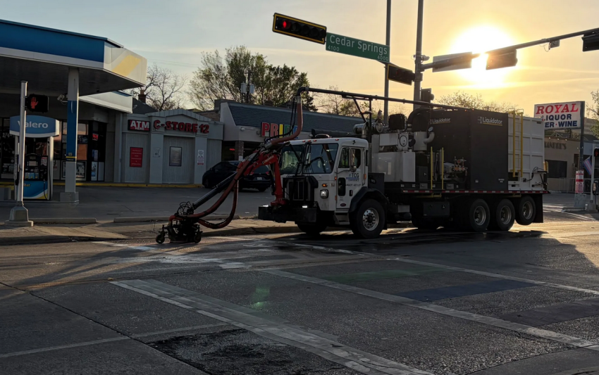 Crews remove rainbow crosswalks along Cedar Springs in the Oak Lawn neighborhood of Dallas, Texas.