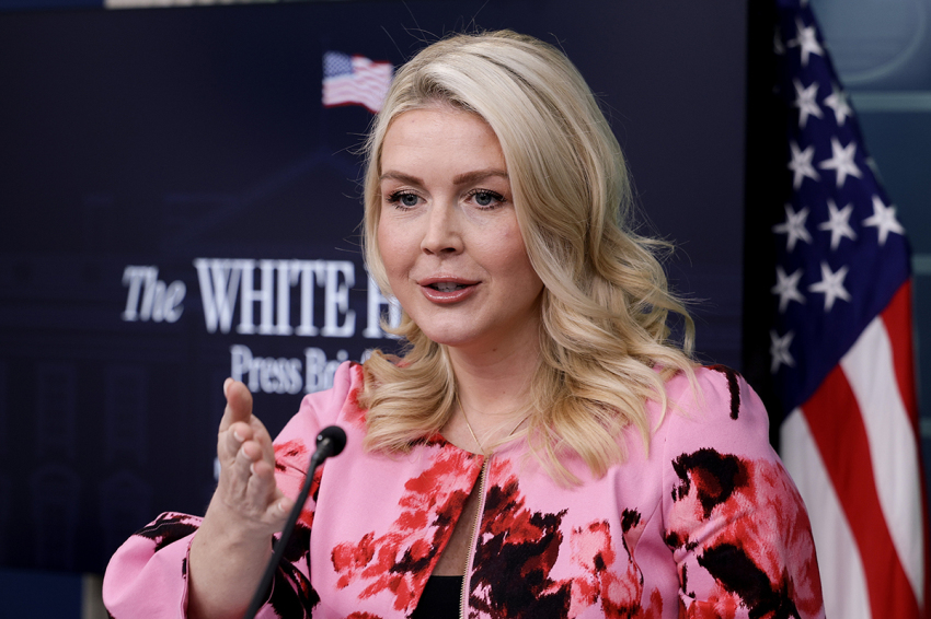 White House press secretary Karoline Leavitt takes a question from a reporter during a news briefing at the White House on March 30, 2026.