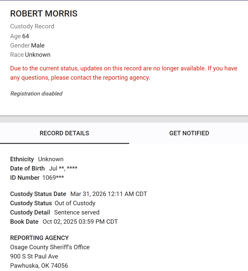 Official records show that Gateway Church founder Robert Morris was released from the Osage County Jail in Oklahoma on Tuesday, March 31, 2026.