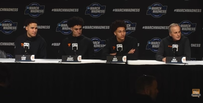 Coach Rick Barnes and members of the University of Tennessee men's basketball team speak with the media on March 28, 2026. 