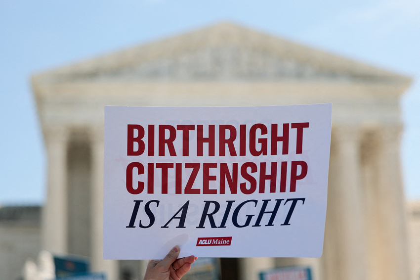 Demonstrators rally in support of birthright citizenship outside the U.S. Supreme Court in Washington, D.C., on April 1, 2026. President Donald Trump attended in person as the U.S. Supreme Court heard a landmark case weighing the constitutionality of his contentious bid to end birthright citizenship, an extraordinary and possibly unprecedented move for the nation's highest office.