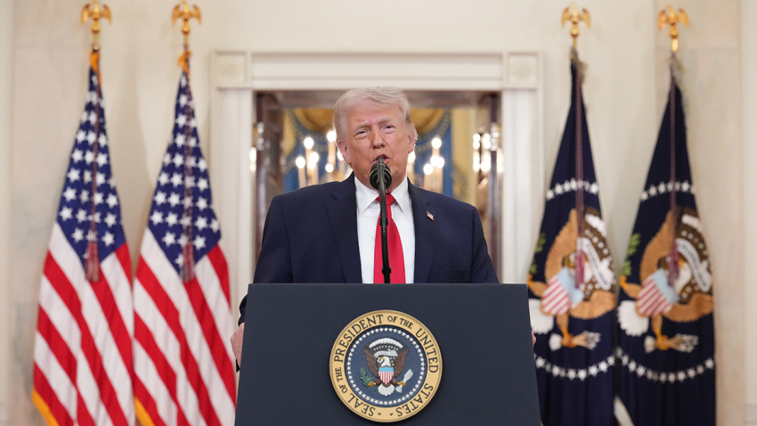 U.S. President Donald Trump speaks from the Cross Hall of the White House on April 1, 2026, in Washington, D.C. Trump used the prime-time address to update the nation on the war in Iran. 