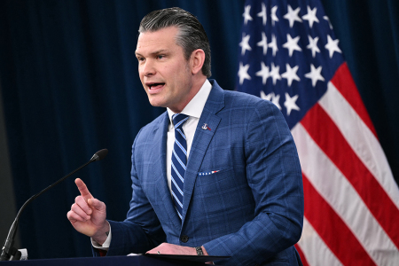 Secretary of War Pete Hegseth speaks during a press briefing at the Pentagon in Arlington, Virginia, on April 8, 2026.