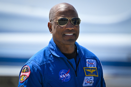NASA astronaut and Artemis II pilot Victor Glover looks on during a welcome ceremony ahead of the Artemis II April 1 launch at Kennedy Space Center in Florida on March 27, 2026.