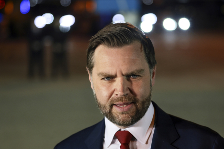 Vice President JD Vance speaks to the media before boarding Air Force Two on April 8, 2026, in Budapest, Hungary.